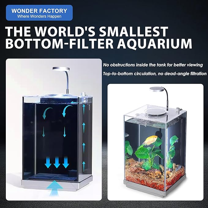 Wonderfactory 3 Gallon Aquarium Fish Tank, Self-Cleaning Betta Tank with Filter and Light, Starter kit with Rocks, Plants & Cleaning Tools, Suitable for Beginners and Hobbyists