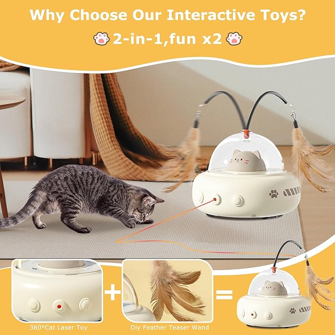 hooroor 2-in-1 UFO Laser Cat Toy – Automatic Motion with Feather, Rechargeable Smart Sensor Interactive Toy for Indoor Cats & Dogs, Fun Exercise & Play, Perfect Pet Gift