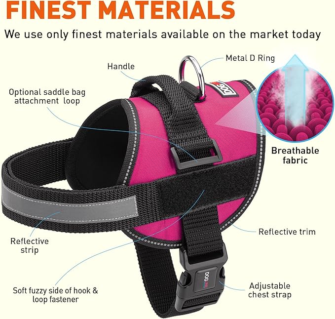 Dogline Reflective No-Pull Adjustable Vest with Handle for Walking, Training, Service Breathable No - Choke Harness for Small, Medium or Large Dogs Room for Patches Girth 15 to 18 in Pink
