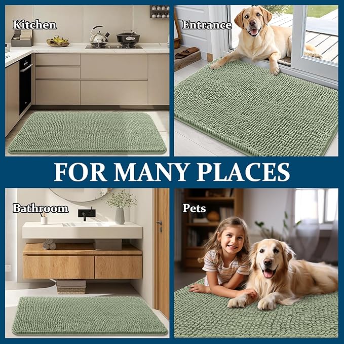 OLANLY Dog Door Mat Set 4-Piece 30x20, Absorbs Moisture and Dirt, Absorbent Non-Slip Washable Doormat, Quick Dry Chenille Mud Mat for Dogs, Entry Indoor Entryway Carpet for Inside Floor, Sage Green