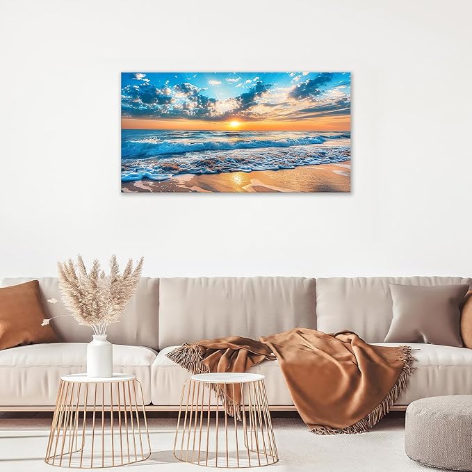 Large Beach Wall Art for Living Room Beach Sunset Ocean Waves Art Big Space Size Framed Canvas Prints Blue Pictures Painting Artwork Office Bedroom Home Decor 60"x30"