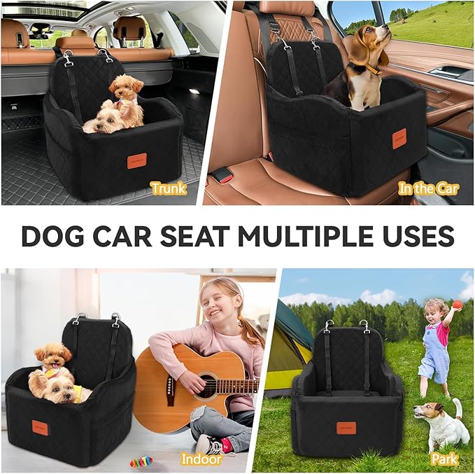 Small Dog Car Seat, Memory Foam Dog Booster Car Seats with Thick Cushion for Medium Dogs Under 35lbs, Detachable Washable Pet Carseat with Storage Pockets(Black, Medium)
