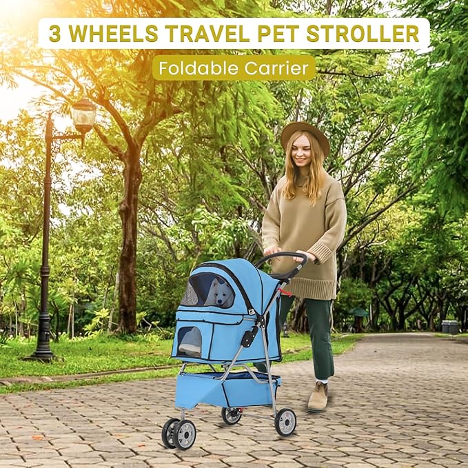 Foldable Pet Stroller for Cats and Dogs 3 Wheels Carrier Strolling Cart with Weather Cover, Mesh Panels,Storage Basket Cup Holder,Blue