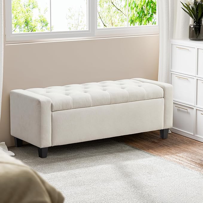 Ottoman with Storage, 48.8" Fabric Storage Ottoman Bench with Hinge, Bedroom Bench, Upholstered Benches with Seating for Living Room, Entryway (Beige)
