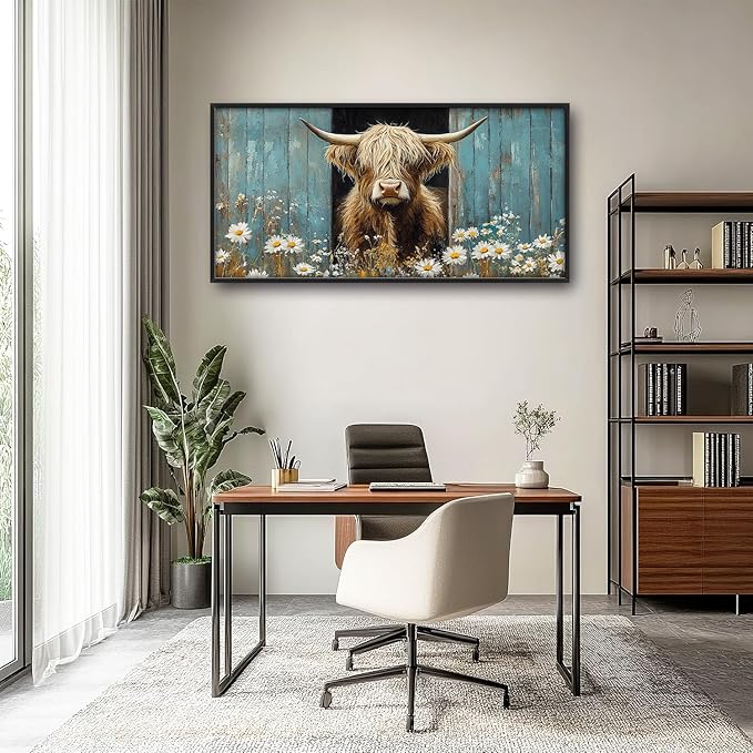 Large Farmhouse Highland Cow Country Wall Art for Living Room, Floral Canvas Oversized Wall Decor, Daisy Flower Animal Framed Pictures Painting Print Artwork for Bedroom Office 60"L x 30"W