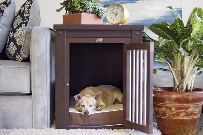 New Age Pet ECOFLEX Dog Crate End Table - Furniture-Style Pet Crate for Crate Trained Dogs - Stainless Steel Tubing & a Latched Closure - 10 Year Manufacturer's Warranty, Medium, Brown
