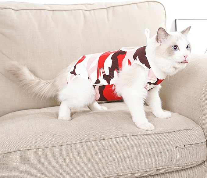 Cat Surgical Recovery Suit, Abdominal Wounds Cone E-Collar Alternative Anti-Licking Or Skin Diseases Pet Surgical Recovery Pajama Suit, Soft Fabric Onesies for Cats (L, Red)