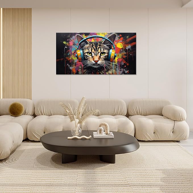 Large Banksy Cat Wall Art Colorful Graffiti Canvas Living Room Pictures Framed Prints Street Pop Modern Wall Decor Painting Artwork for Bedroom Dining Office Home 60"x30"