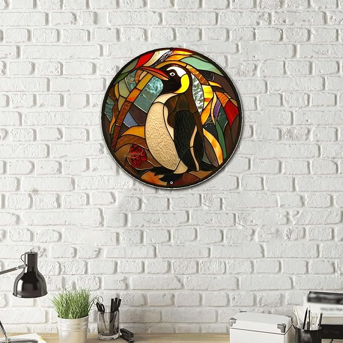 Lygond Metal Sign Tin Sign Circular Stained Glass Penguin Greenhouse Decor for Patio 12×12 Inches