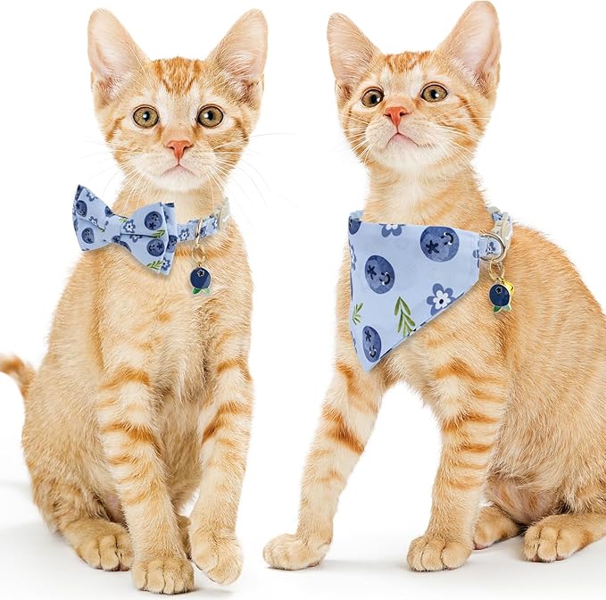 Faygarsle 2 Pack Blueberry Pattern Cat Collar Set with Bandana and Bow Tie, Light Blue, Breakaway Style with Bell