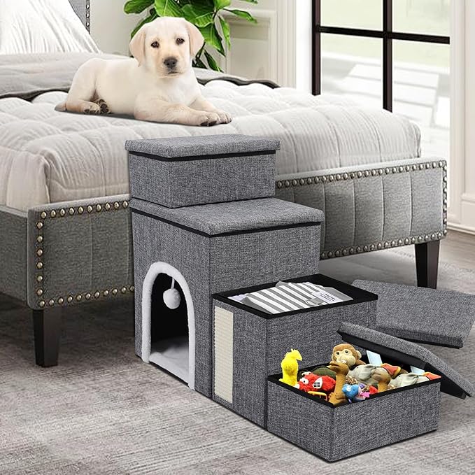 Dog Stairs for Bed and Couch 23โH, Foldable Dog Stairs for Small Older Dogs, 4 in 1 Adjustable Pet Cat Steps Ramps with Storage, Condo, Cat Scratcher, Hold Up to 180LBS, 4 Steps