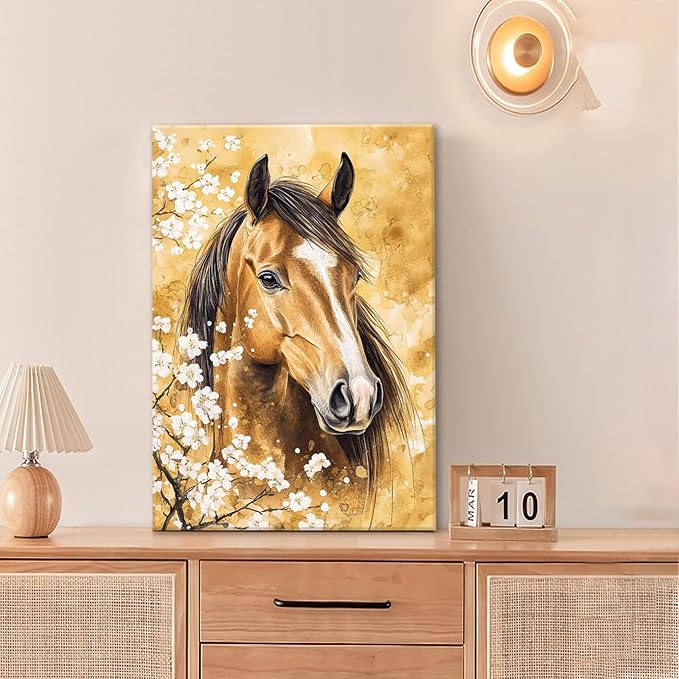 Horse Wall Art Canvas Rustic Horse Wall Decor Prints Framed Painting Farmhouse Flower Pictures Gifts Artwork for Bathroom Living Dining 16"x24"