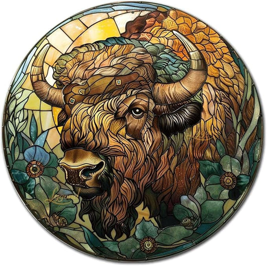 Lygond Metal Sign Tin Sign Circular Stained Glass American Bison Greenhouse Decor for Restaurant 8×8 Inches