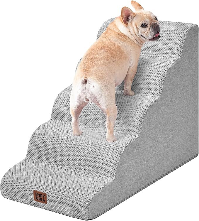 EHEYCIGA Curved Dog Stairs Ramp for High Beds, 5-Step Extra Wide Dog Steps for Small Dogs and Cats, Pet Stairs for High Bed Climbing, Non-Slip Balanced Pet Step Indoor, Light Grey