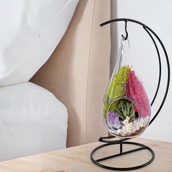 7" DIY Teardrop Terrarium Kit with Live Plants - Hanging Glass Planter with Stand for Adults & Kids - Build a Mini Ecosystem with Moss, Crystals, Tools - Made in The USA