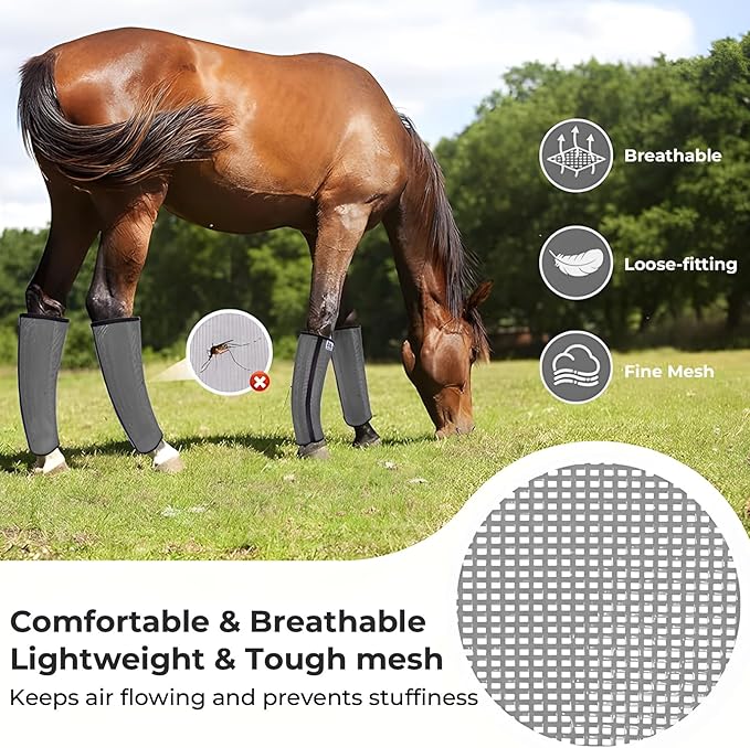 Mesh Horse Fly Boots Set of 4,Adjustable and Universal Loose Fitting & Non-Slip Horse Fly Leggings for Horses,Reduce Stressful Stomping (Grey)
