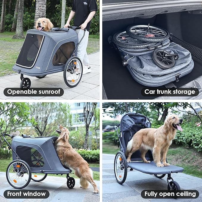 R8 Extra Large Foldable Pet Stroller, Dog Stroller & Pet Trailer for Large Dogs Under 100 lbs, Unmovable, Disabled & Pregnant Dogs - Conveniently Carriable by Bike and Car, Grey