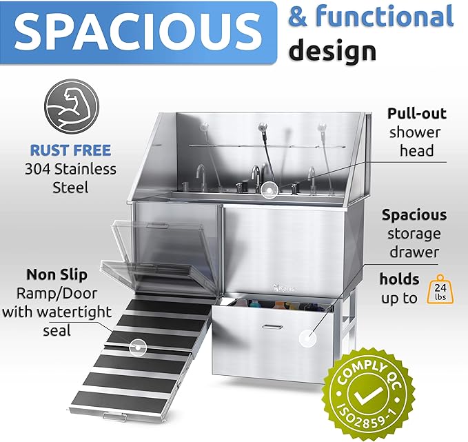 KANIS Professional Dog Washing Station - 304 Stainless Steel Pet Wash Sink & Grooming Bath Tub for Home with Ramp, Shower, Floor Grate, Storage Drawer, Faucet, Drain Kit for Large, Medium & Small Pets