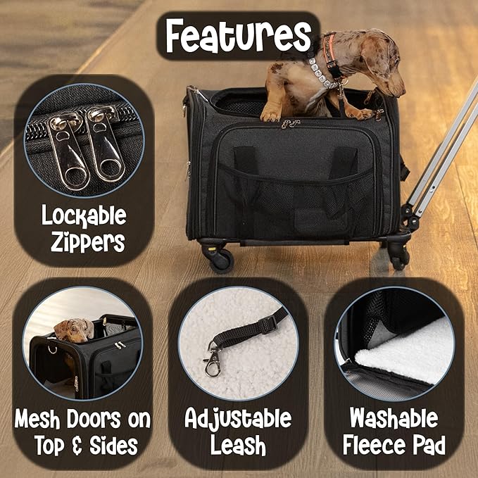 Pet Carrier with Wheels | Delta American Frontier Airline Approved | Two Expandable Sides, Storage Pockets Adjustable Leash | Rolling Dog and Cat Carrier TSA Compliant (Black 17x11x11)