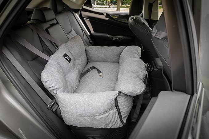 JACKO & CO - Premium Dog Car Seat v2 Booster Seat for Small & Medium Pets Under 40lbs - Machine Washable w Removable Covers, Water Resistant w Clip-On Leash for Back Seat Use (Grey/Medium (25-40lbs)