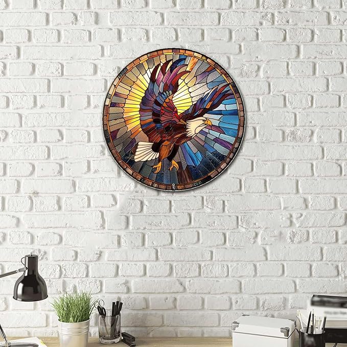 Lygond Metal Sign Tin Sign Circular Stained Glass Eagle Bathroom Decor For Club 12×12 Inches