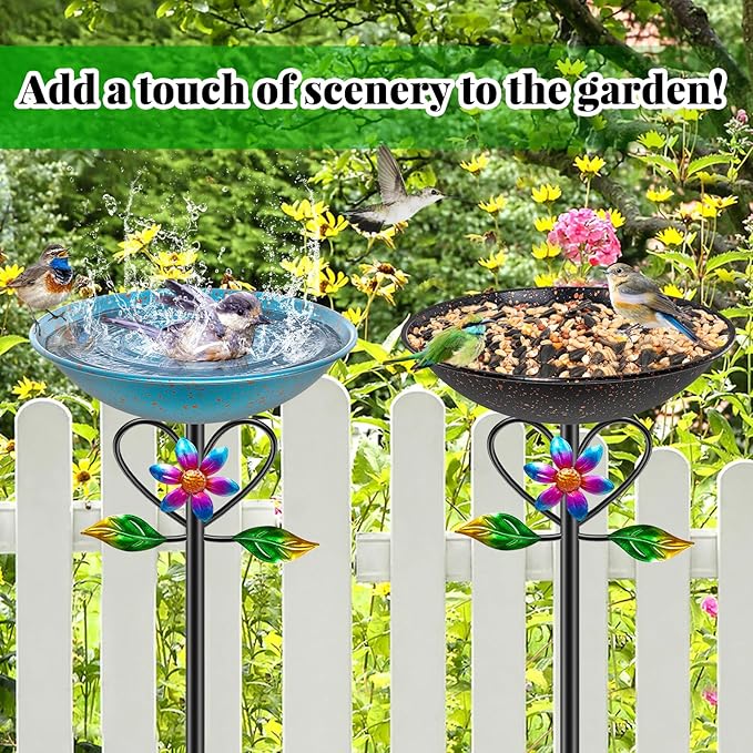 Vintage Metal Bird Bath for Outside, Standing Bird Feerder with Sunflower Love Decoration, Detachable Birdbaths Bowl for Outdoor Yard Lawn Garden Decor (A-Brown)