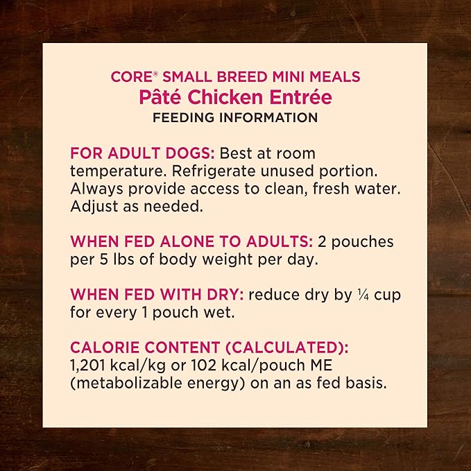 Wellness CORE Natural Grain Free Small Breed Mini Meals Wet Dog Food, Pate Chicken Entrée, 3-Ounce Pouch (Pack of 12)