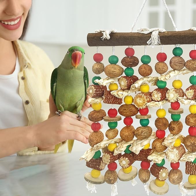 PINVNBY Large Parrot Toys Natural Nuts Corn Cob Wooden Chewing Tearing Toy for African Grey Macaws Amazon Cockatoos Eclectus Conures Cockatiels Cockatoo and Large Medium Parrot Birds (Colorful)