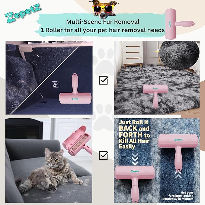 Pet Hair Removal Tool โ Reusable Lint Roller for Dogs & Cats โ Self-Cleaning Fur Remover Brush โ Ergonomic Lint Roller for Carpet, Bedding, Couch, Car Seat & More (Pink)