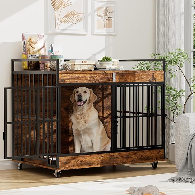 Dog Crate Furniture Large Breed with 2 Stainless Steel Bowls, Large Wooden Dog Crate Table, Escape-Proof & Chew-Proof XL Furniture, Decorate House As TV Stand, End Table, 45" L X 30" W 37" H