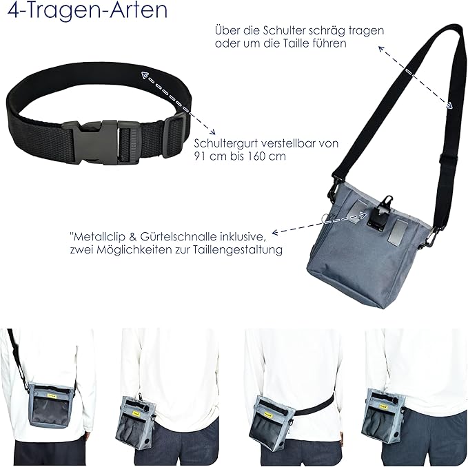 Dog Treat Pouch with Magnetic Closure 4-Cup Silicone Bag Fanny Pack Holder with Clicker 4 Ways to Wear Front Pocket Fits All Phones Ideal for Leash, Pet Walking and Training(Gray)