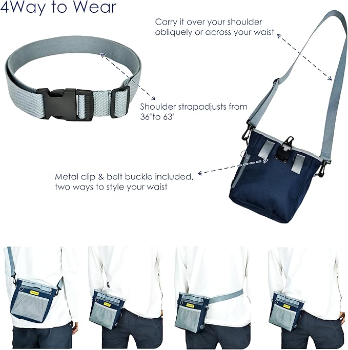 Dog Treat Pouch with Magnetic Closure 4-Cup Silicone Bag Fanny Pack Holder with Clicker 4 Ways to Wear Front Pocket Fits All Phones Ideal for Leash, Pet Walking and Training(Blue)