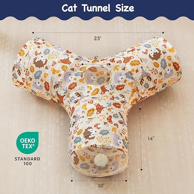 Tempcore Pet Cat Tunnel Tube Cat Toys 3 Way Collapsible, Cat Tunnels for Indoor Cats,Kitty Tunnel Bored Pet Toys Peek Hole Toy Ball Puppy, Kitty, Kitten, Rabbit Beige Deer