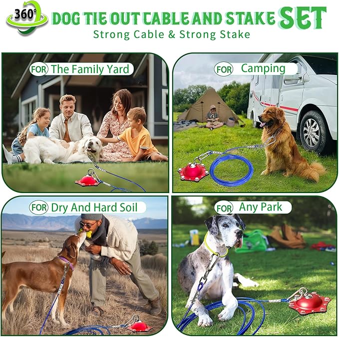 Dog Tie Out Cable and Stake for Yard,(up to 200lbs) 360°Swivel Dog Run Anchors- No Tangle,with 20FT Heavy Duty Tie Out Cable,Runner for Yard,Ideal for Outdoor Camping