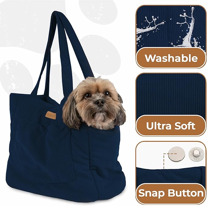 Corduroy Dog Carrier - Lightweight Cotton Soft-Sided Pet Tote with Safety Harness Clip - Breathable Travel Carrier for Small Dogs and Puppies (Dark Blue)