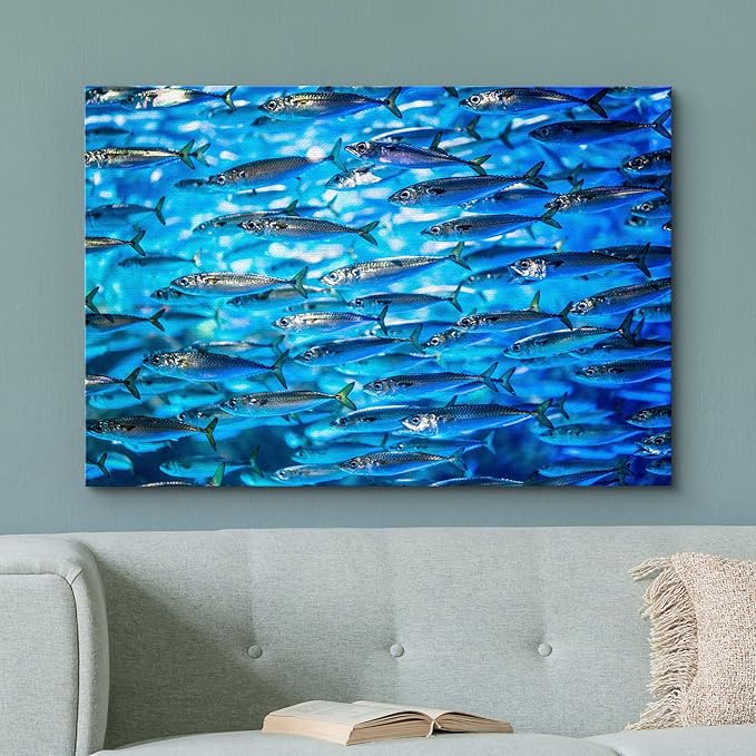 wall26 Canvas Print Wall Art Close Up Sardine School of Fish Underwater Nature Animals Photography Realism Rustic Scenic Landscape Wilderness Earth for Living Room, Bedroom, Office - 16"x24"