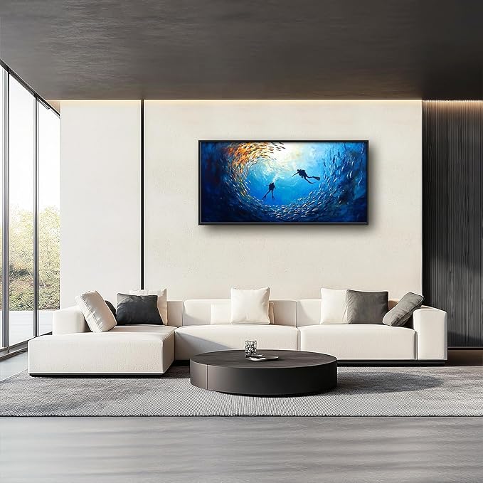Large Ocean Diving Wall Art for Living Room, Framed Oversized Fish Wall Decor Underwater Marine Life Canvas Painting Modern Artwork for Living Room Bathroom Bedroom Office Dining Room 60"x30"