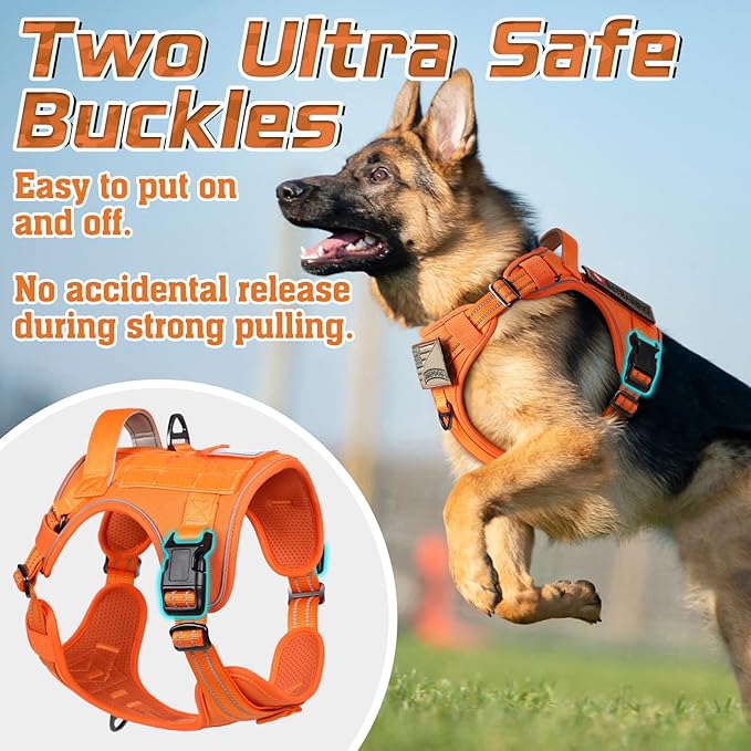 rabbitgoo Tactical Dog Harness for Large Dogs, No Pull Military Service Vest with Handle & Molle, Easy Control for Training Walking, Adjustable Reflective Straps, Orange, L