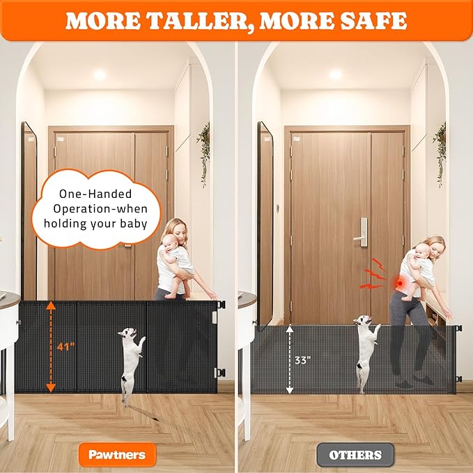 Pawtners Retractable Baby Gates Extra Wide, 41" Tall Extends up to 120" Wide, Dog Gate Indoor for Stairs, Pet Gate with Support Rods for Doorways Hallways Indoor & Outdoor-Black