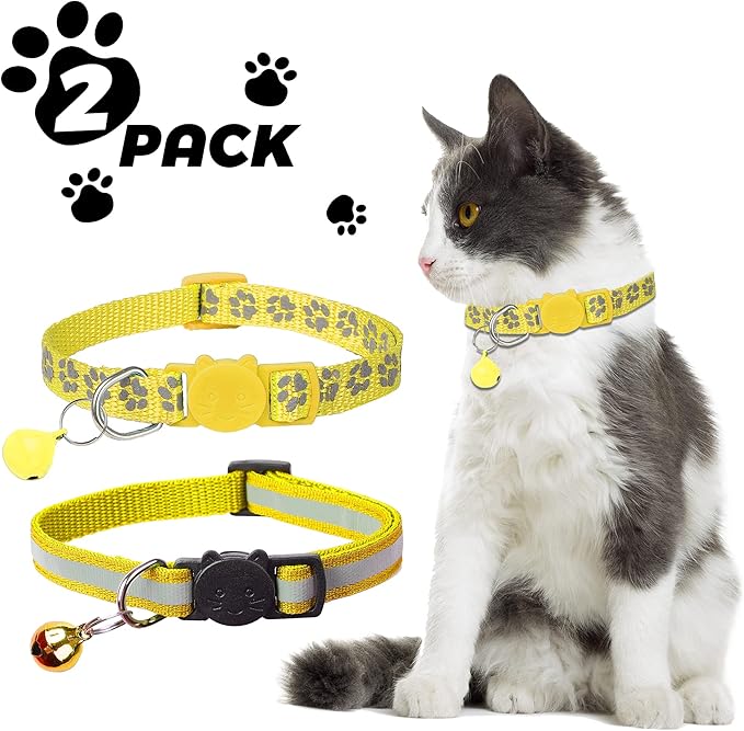 BANMODER 2 Pack Reflective Cat Collar Breakaway with Bell,Personalized Kitten Collars,Adjustable Safety Buckle Collar for Male Cats Girls & Boys (Yellow)