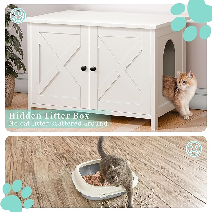 Vongrasig Cat Litter Box Enclosure,Litter Box Furniture Hidden with Barn Door,Wooden Cat Washroom Furniture,Cat House,End Table, Fit Most of Litter Box, White