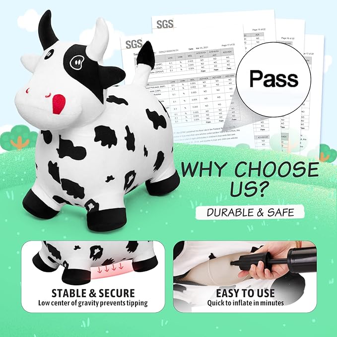 EVERICH TOY Bouncy Horse Cow Toys, Inflatable Bouncing Animal Hopping Toys, Outdoor Indoor Ride on Bouncer, Boys Girls Birthday Gift for 18 Month 2 3 4 5 6 Year Old Kid- Plush Cow Toy