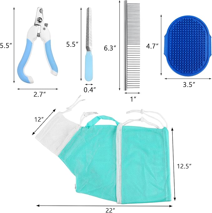 JULMELON Cat Washing Bag 10 PCS Set, Adjustable Cat Shower Net Bag and Pet Grooming Brush with Nail Clipper Nail File Hair Combs Tick Tool Nail Caps for Bathing Nail Trimming Examination(Grey+Green)