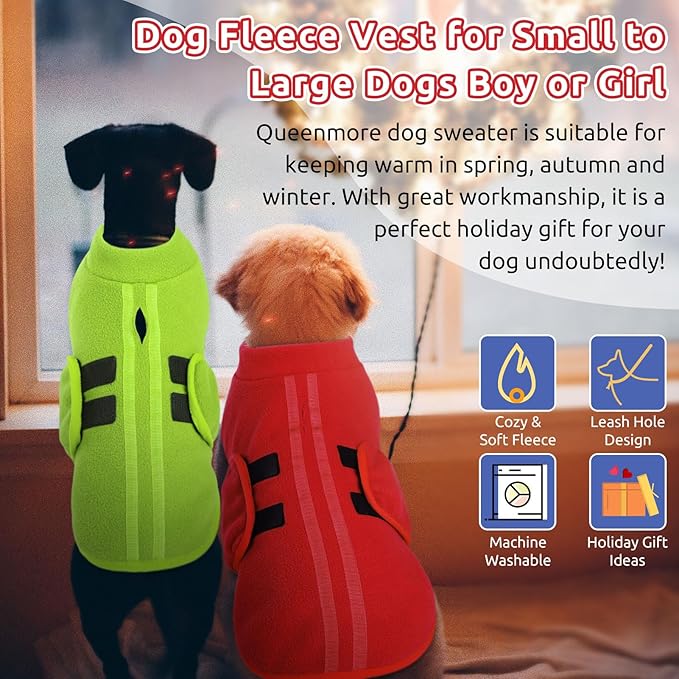 Queenmore XXL Dog Sweaters, Soft Fleece Vest Pullover Dog Jacket with Leash Hole, Warm Winter Dog Clothes Cold Weather Doggy Dachshund Sweater for Large Dogs Cats Boy or Girl (Red, XXL)