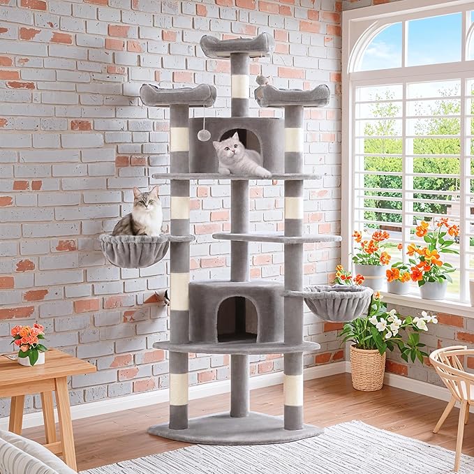 SHA CERLIN 73" Space-Saving Cat Tree/Multi-Level Tall Cat Tower with Perches/Scratching Posts/Condo & Hanging Baskets/Modern Fan-Shaped Design for Indoor Kitties/Pet Activity House/Grey