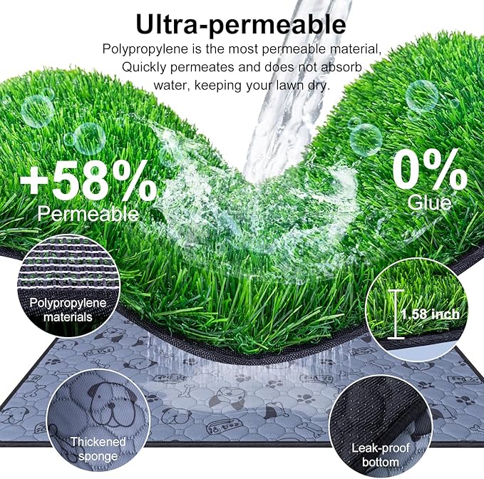 Pee Pads for Dogs with Fake Grass, 32" x 24" Indoor Artificial Grass for Dogs Potty, Lawn Pee Pads for Doggie Washable, Reusable and Lawn for Replacement, Puppy Training Litter Box for Outdoor Patio