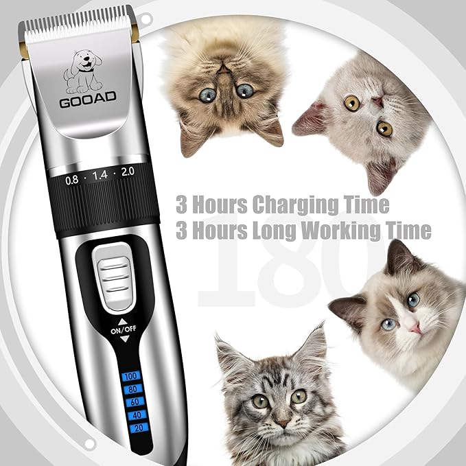 Goood Cat Clippers for Matted Hair - Cordless Cat Shaver, Low Noise Paw Trimmer, Quiet Pet Hair Clippers (Silver)