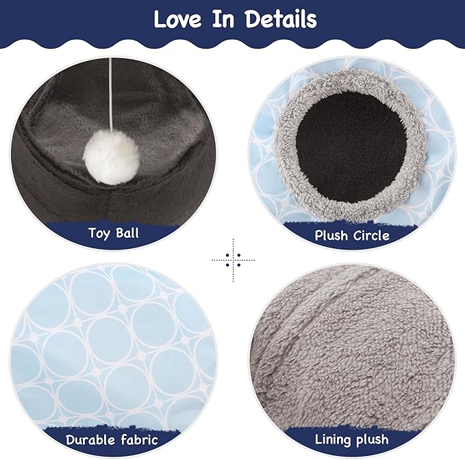 Tempcore Pet Cat Tunnel Tube Toys 3 Way Collapsible, Cat Tunnels for Indoor Cats Fleece-Lined in for Warmth,Kitty Tunnel Bored Cat Pet Toys Peek Hole Toy Ball Cat, Puppy, Kitten, Geometry Blue