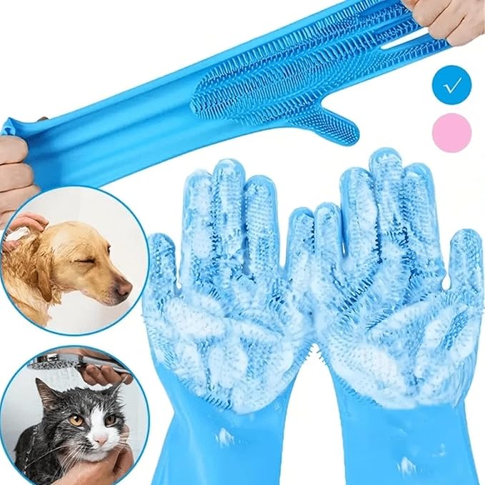 Pet Grooming Gloves,Heat-Resistant Silicone Gloves with High-Density Teeth for Enhanced Massaging and Bathing of Dogs and Cats (Blue, 2 Pair)