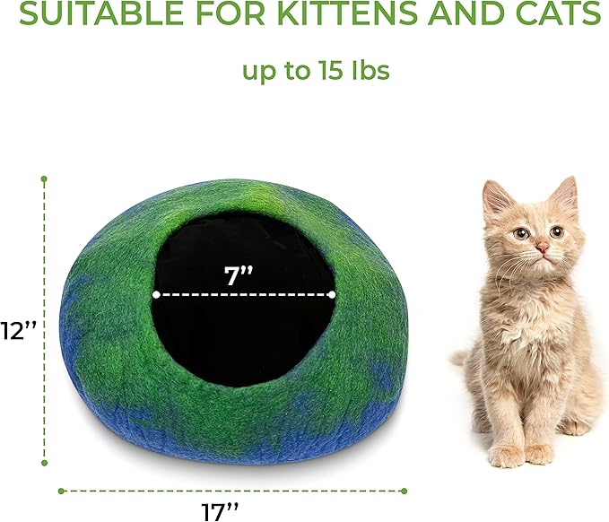 Woolygon Premium Felt Cat Cave Bed โ Wool Kitty Beds Handcrafted Kitten Caves Bed for Indoor Cats - Made from 100% Eco-Friendly Merino Wool, Foldable Cat Hidewawy Covered Cat Houses (Emerald Indigo)
